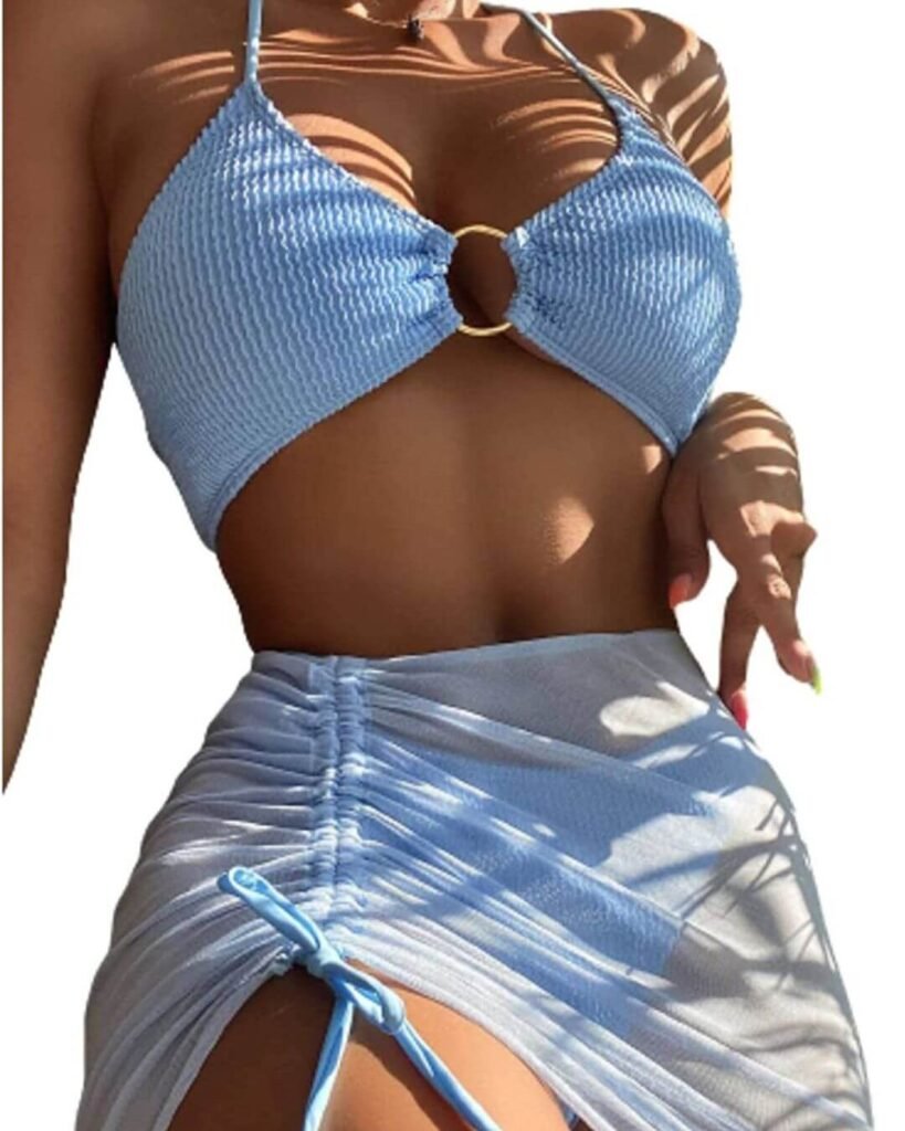 Blue Halter Ring Bikini set with cover up skirt