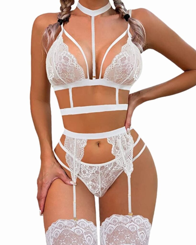 Avidlove Lace Garter Lingerie Set with Removable Choker Teddy Babydoll Strappy Bra and Panty Set